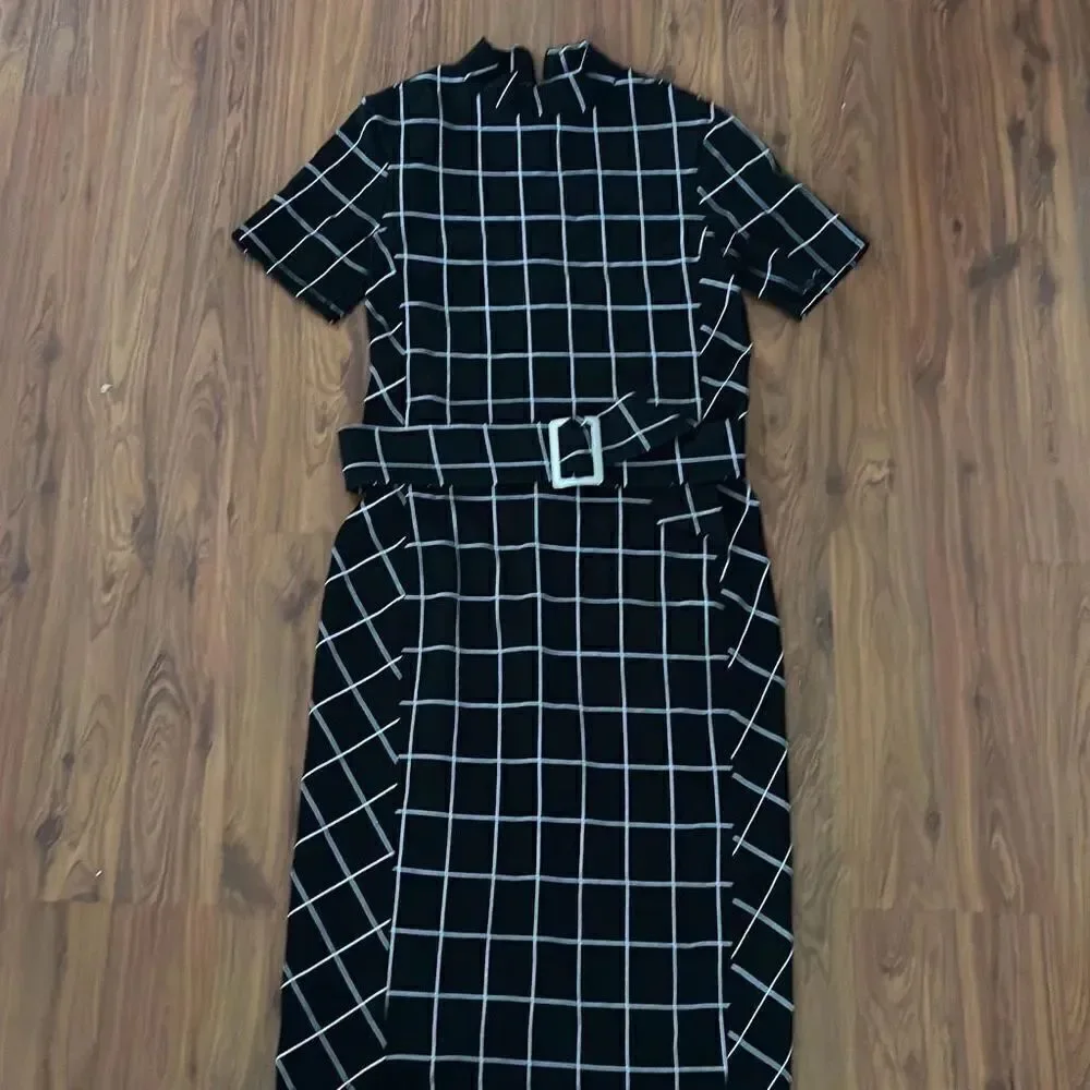 Zara black and white classy Check fitted stretch dress knit mock turtleneck ￼si